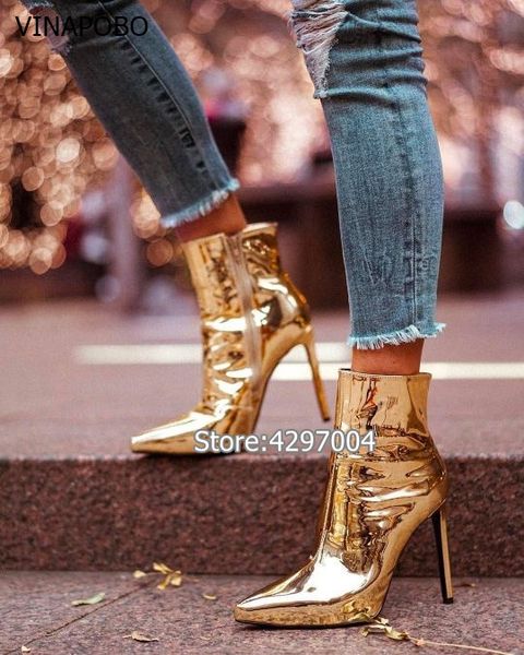 fashion woman mirror gold silver boots metallic leather ankle boots pointed toe high heels ladies party shoes women booties, Black
