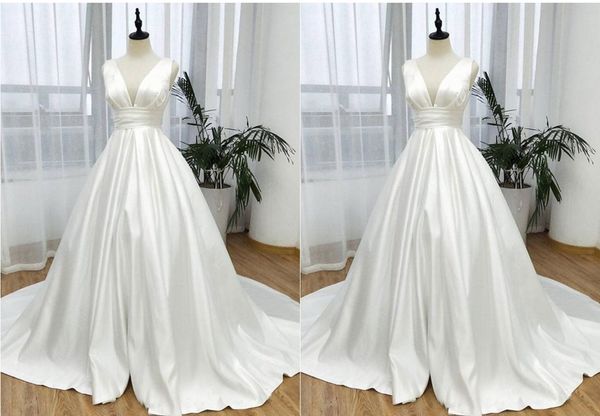 simple deep v neck wedding dress real satin a line open back pleated court train wedding dresses bridal gowns new, White
simple deep v neck wedding dress real satin a line open back pleated court train wedding dresses bridal gowns new, White