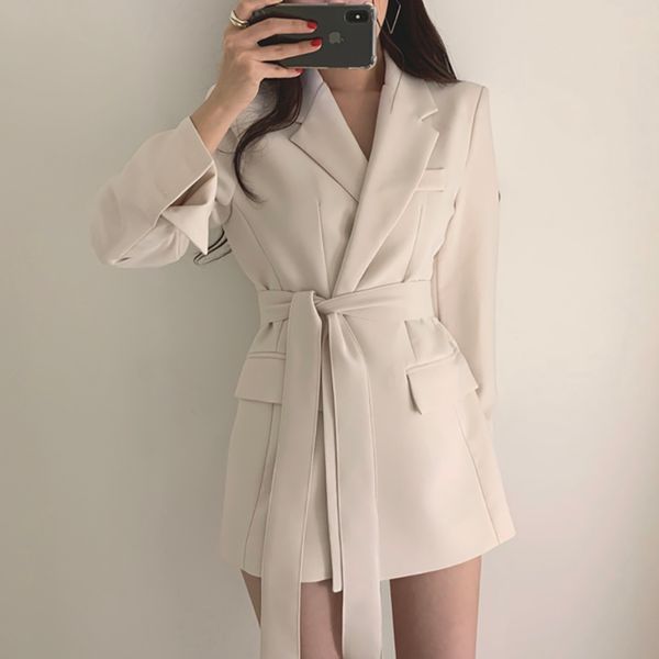 women blazers and jackets 2020 solid notched collar elegant ladies office blazer suit autumn casual long belt coat jacket, White;black
women blazers and jackets 2020 solid notched collar elegant ladies office blazer suit autumn casual long belt coat jacket, White;black