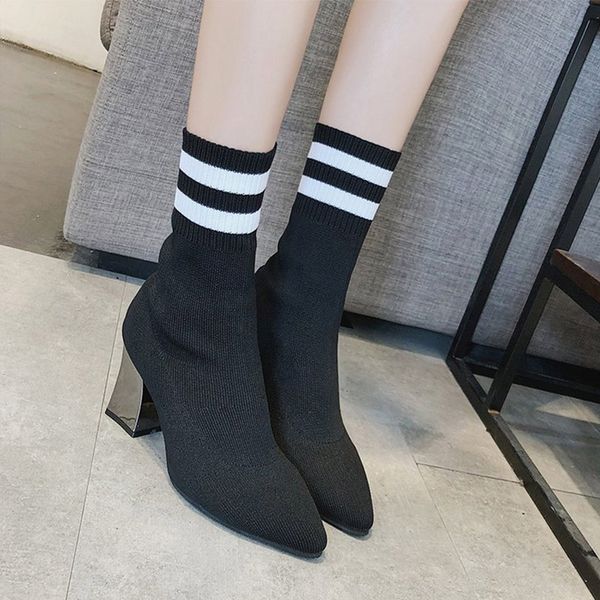 women autumn knitted stretch mid calf boots slip on high heels ladies pointed toe fashion striped comfort female shoes nice, Black
women autumn knitted stretch mid calf boots slip on high heels ladies pointed toe fashion striped comfort female shoes nice, Black