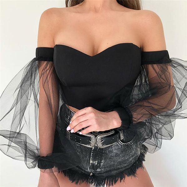 

off shoulder fashion women mesh puff long sleeve blouse t shirt 2019 summer fall spliced slash neck pullover clothes stylish, White