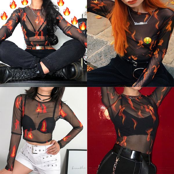 2019 brand new women girls o neck flame print mesh net t-shirts female long sleeve crop transparent slim tee shirt, White
2019 brand new women girls o neck flame print mesh net t-shirts female long sleeve crop transparent slim tee shirt, White
