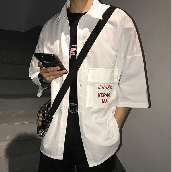 men's casual shirts spring and summer 2021 streetwear hip hop seven-quarter sleeve shirt easy solid color loose clothes trend men, White;black
men's casual shirts spring and summer 2021 streetwear hip hop seven-quarter sleeve shirt easy solid color loose clothes trend men, White;black