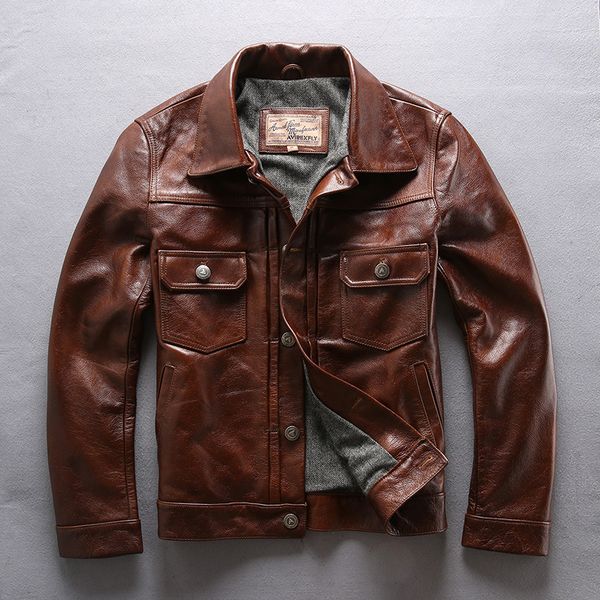 

factory 2018 new men brown cow leather jacket real cowhide casual single breasted slim fit jackets winter russia coats, Black