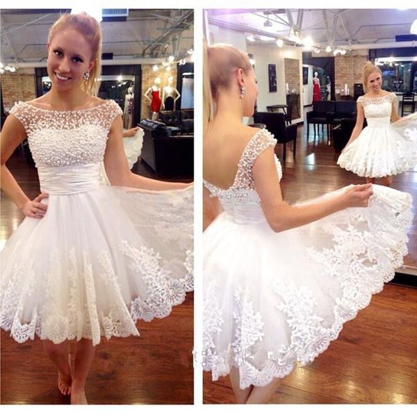2019 charming pearls short wedding dresses pleats lace applique bateau cap sleeve bridal dress short party dress country wedding dress, White
2019 charming pearls short wedding dresses pleats lace applique bateau cap sleeve bridal dress short party dress country wedding dress, White