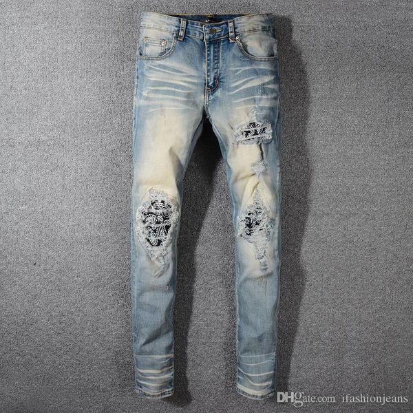 2019ss new fashion high stree amiri men's retro nostalgic depth washed jeans stretch slim creative patch rhinestone perforated shi, Blue
2019ss new fashion high stree amiri men's retro nostalgic depth washed jeans stretch slim creative patch rhinestone perforated shi, Blue