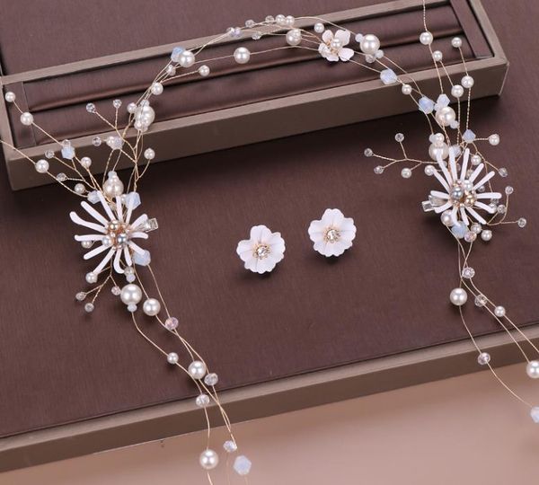 european and american bridal tiara long pearl earrings set hand-woven headband hair band, Silver
european and american bridal tiara long pearl earrings set hand-woven headband hair band, Silver