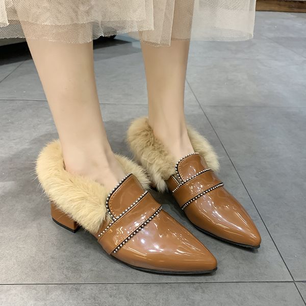 patent leather pointed toe flats shoes women 2019 fashion winter furry fur flat shoes ladies winter keep warm women, Black