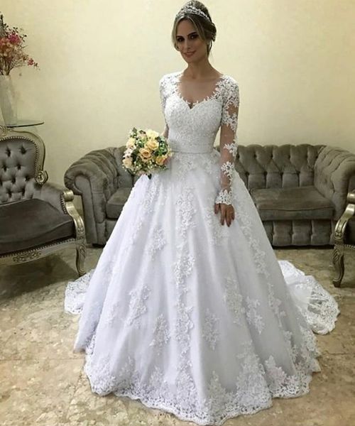 2019 plus size lace wedding dresses sheer neck applique long illusion sleeves sweep train wedding dress bridal gowns vestidos de novia, White
2019 plus size lace wedding dresses sheer neck applique long illusion sleeves sweep train wedding dress bridal gowns vestidos de novia, White