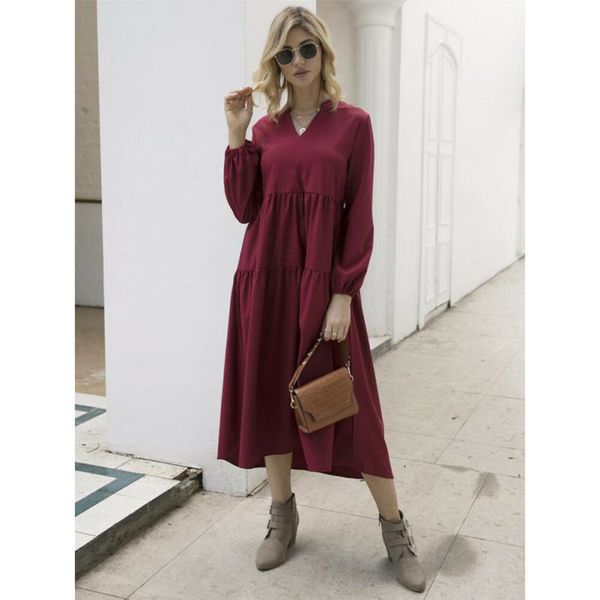 

2020 women spring autumn v neck smock dress ladies holiday beach casual loose ruched long sleeve shirt midi sundress, Black;gray