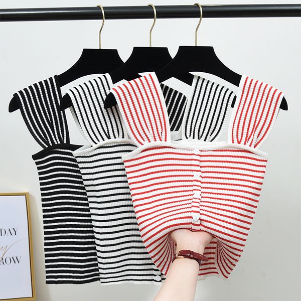 girls knitted buttons striped chic camis short sleeveless shirts female stretchy camisoles tanks crop for women, White
girls knitted buttons striped chic camis short sleeveless shirts female stretchy camisoles tanks crop for women, White