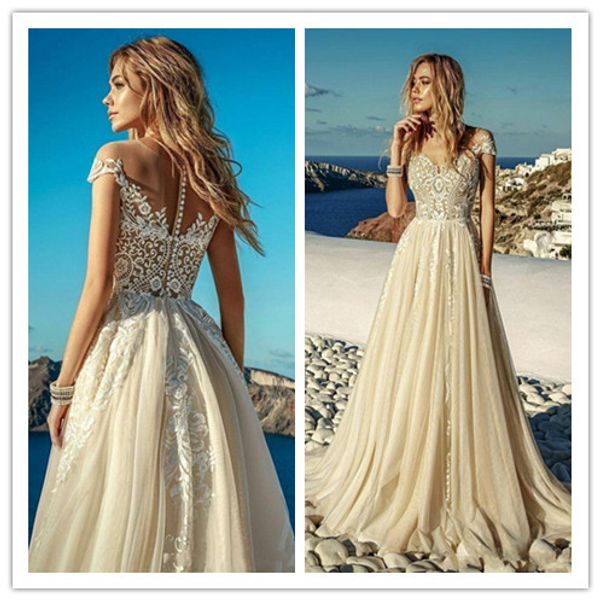 2019 new summer light champagne wedding dresses boho beach tulle lace a line appliques long bridal gowns robe de mariee, White
2019 new summer light champagne wedding dresses boho beach tulle lace a line appliques long bridal gowns robe de mariee, White