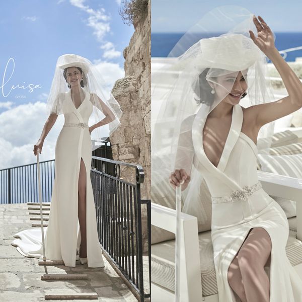 2020 crystal beads belt mermaid wedding dresses deep v neck side split beach wedding dress bridal gowns satin robes de mariée, White
2020 crystal beads belt mermaid wedding dresses deep v neck side split beach wedding dress bridal gowns satin robes de mariée, White