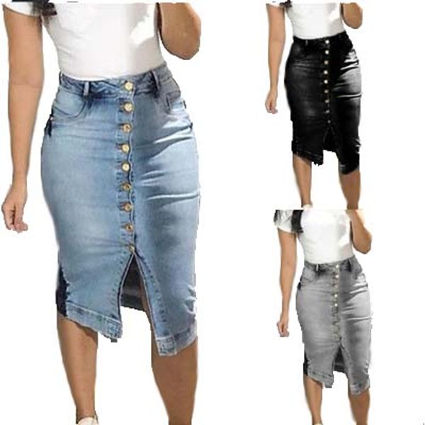 women summer knee length denim skirts slim bodycon button jeans skirt faldas largas mujer, Black
women summer knee length denim skirts slim bodycon button jeans skirt faldas largas mujer, Black