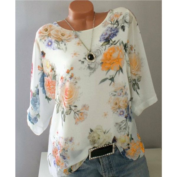 

fashion women blouses floral print half sleeve summer o-neck loose ladies office shirts tunic plus size s-5xl blusa mujer, White