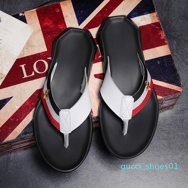 

est men's brand designer slipper europe and america bee fashion flip flops genuine leather men beach non-slip trend sandals slippers g0, Black
