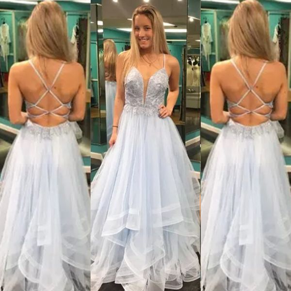 a line straps light sky blue prom dresses lace tulle long with criss cross back prom gowns, Black
a line straps light sky blue prom dresses lace tulle long with criss cross back prom gowns, Black