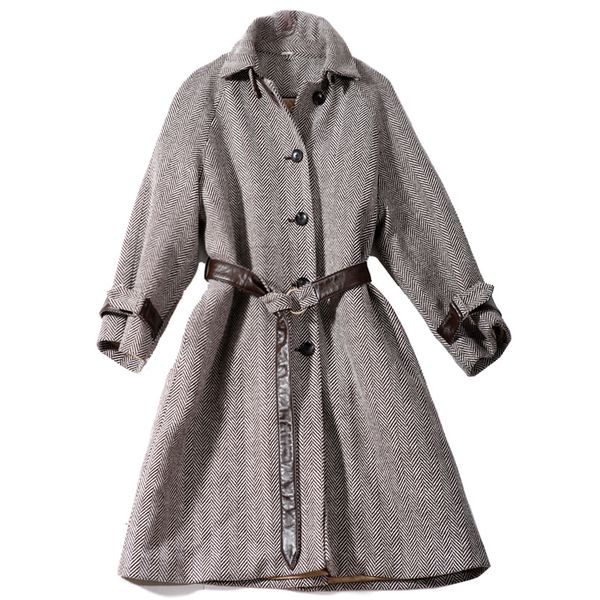 

wool cotton blend twill women high grade long cardigan coat sheep leather spliced single breasted eu size s/m/l, Black