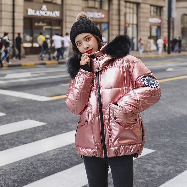 women's winter coat warm thick hooded fake fur collar puffer jacket short style solid metallic color ladies fashion parkas, Black
women's winter coat warm thick hooded fake fur collar puffer jacket short style solid metallic color ladies fashion parkas, Black
