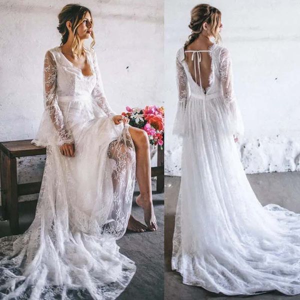 2019 boho beach wedding dress lace flare sleeve bridal gowns v neck backless vestido de noiva, White
2019 boho beach wedding dress lace flare sleeve bridal gowns v neck backless vestido de noiva, White