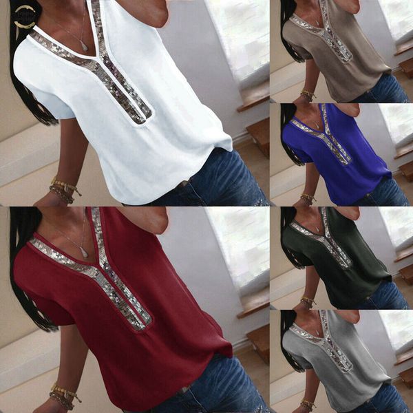 женщины summer casual шифона с коротким рукавом v шеи вскользь тенниска топы блестки лоскутная t shirt drop доставка, White 
женщины summer casual шифона с коротким рукавом v шеи вскользь тенниска топы блестки лоскутная t shirt drop доставка, White