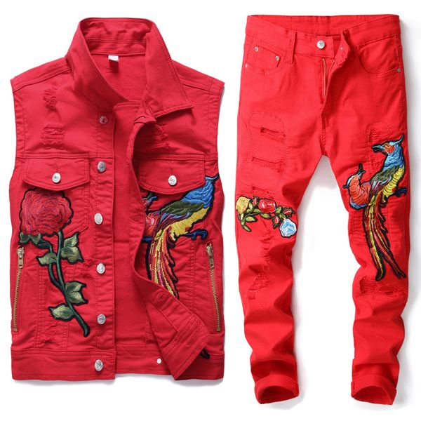 

new 2019 spring men tracksuits outwear phoenix floral embroidery hole red jeans two pieces sets men turn down collar vests+pants, Gray