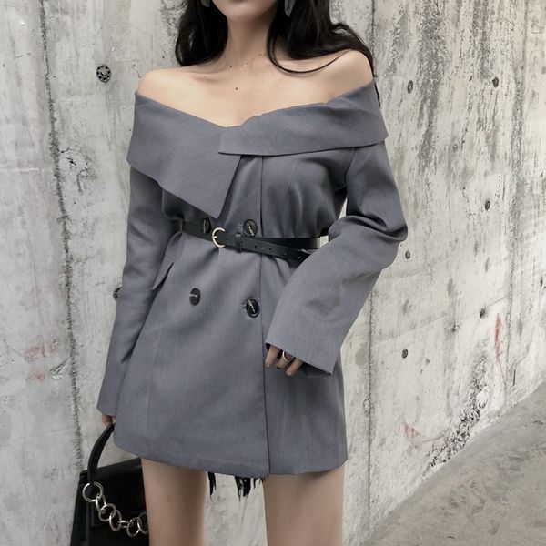 spring autumn blazer women off shoulder fashion double breasted blazer mujer full sleeve with belt blazers coat sl202, Black;brown
spring autumn blazer women off shoulder fashion double breasted blazer mujer full sleeve with belt blazers coat sl202, Black;brown