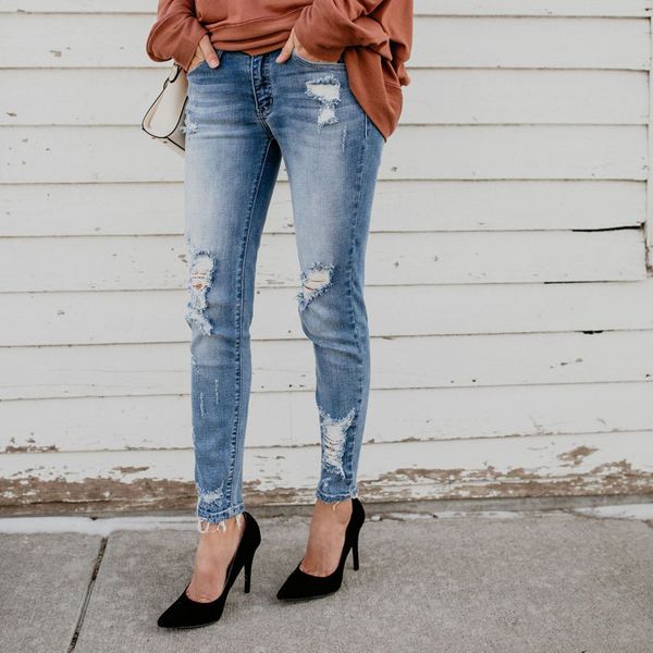 

new ultra stretchy blue tassel bleached ripped jeans woman high waist hole denim pants trousers for women pencil skinny jeans