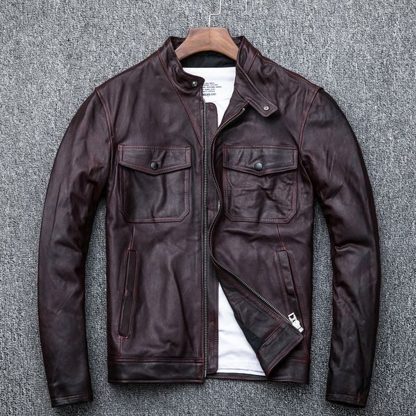men's leather & faux amekaji men tanned sheep skin graft wine red head layer collar locomotive jacket, Black
men's leather & faux amekaji men tanned sheep skin graft wine red head layer collar locomotive jacket, Black