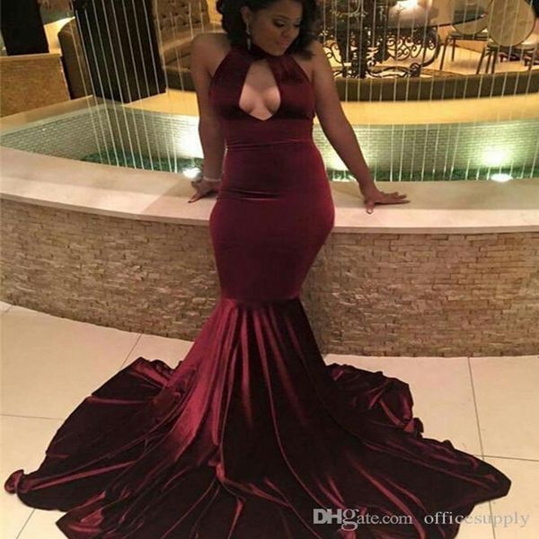 2019 mermaid burgundy velvet prom party dresses halter backless sleeveless sweep-train formal evening gowns for african girl, Black
2019 mermaid burgundy velvet prom party dresses halter backless sleeveless sweep-train formal evening gowns for african girl, Black