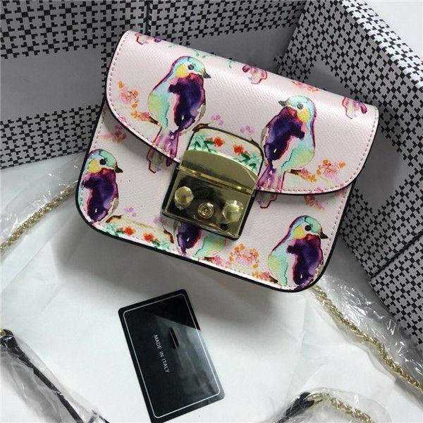 новая кожа моды печати дамы сумка розовый простой цепи плечо мешок птица мультфильм граффити девушка небольшой квадратный мешок