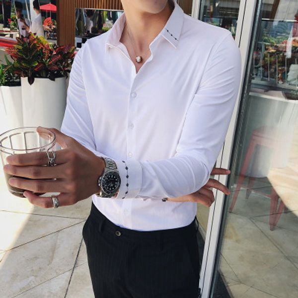 men's long sleeve shirt 2020 spring korean slim casual tie white shirt men's handsome hair stylist trend, White;black
men's long sleeve shirt 2020 spring korean slim casual tie white shirt men's handsome hair stylist trend, White;black