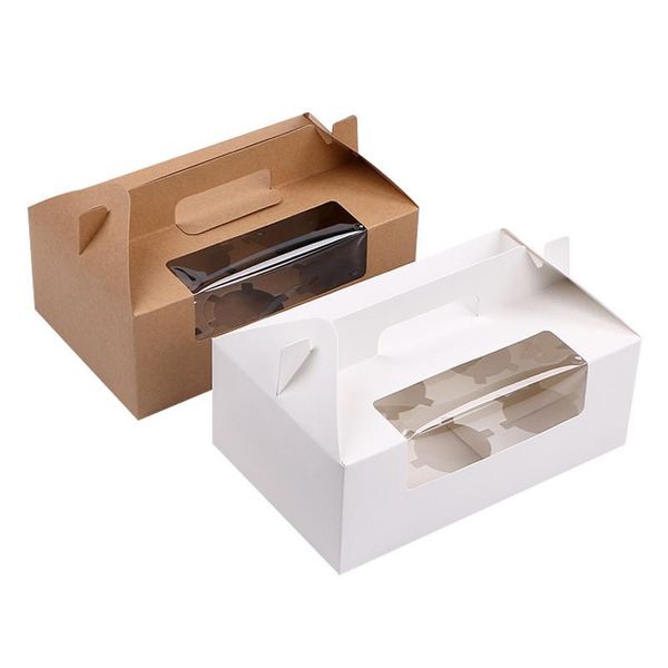 

500 шт. / Лот Коричневый / Белый 6 Кекс коробка Крафт-бумага коробки для торта и упаковка с ручкой Свадебный подарок коробка Упаковочная коробка