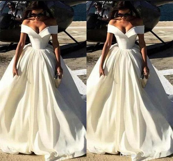 2019 simple satini wedding dresses off the shoulder draped court train a line wedding gowns corset bridal gowns, White
2019 simple satini wedding dresses off the shoulder draped court train a line wedding gowns corset bridal gowns, White