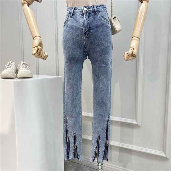 women's jeans 2021 wild slim design zipper pants women 0228, Blue