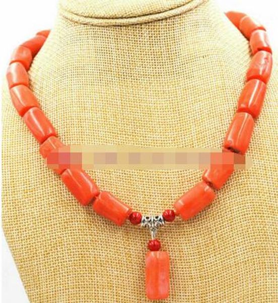 charmingamazing orange cylinder coral gemstone necklace 18", Silver