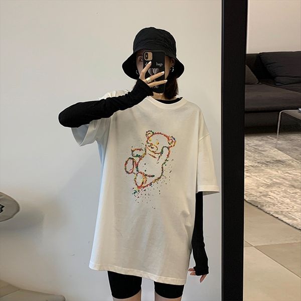 cute ink-jet bear oversize color loose short-sleeved t- women's summer leisure shirt base shirt top, White
cute ink-jet bear oversize color loose short-sleeved t- women's summer leisure shirt base shirt top, White