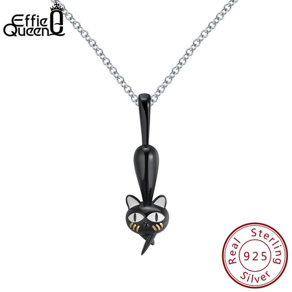 

effie queen 100% sterling silver 925 necklaces & pendants for women white enamel black cat animal silver chain jewelry gift bn98