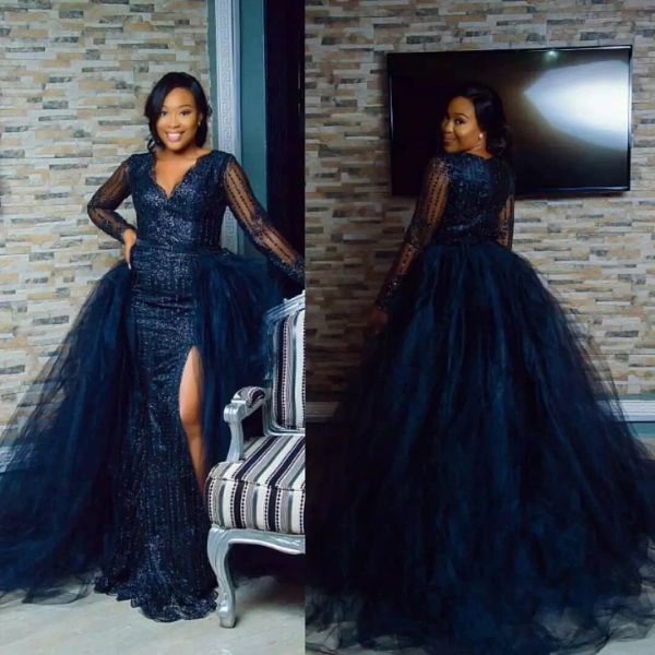 sparkly sequins prom dresses 2019 detachable train v neck side split long sleeve evening gowns plus size african pageant party dress wear, Black;red
sparkly sequins prom dresses 2019 detachable train v neck side split long sleeve evening gowns plus size african pageant party dress wear, Black;red