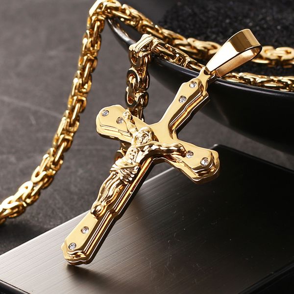 new arrival jesus cross crystal pendant necklace link byzantine gold color stainless steel men jewelry collier 21.65" 6mm mn81, Silver
new arrival jesus cross crystal pendant necklace link byzantine gold color stainless steel men jewelry collier 21.65" 6mm mn81, Silver