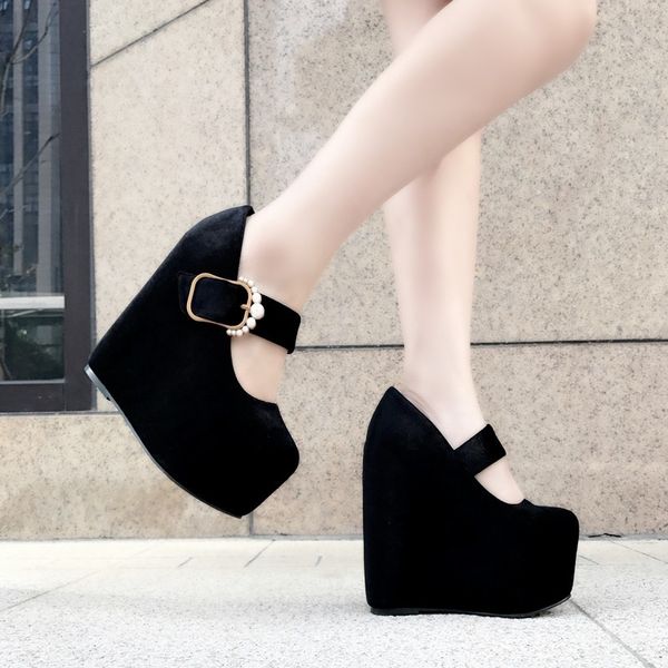 new wedge with thick bottom round single shoes female inside increased 15 cm suede high heels simple elegant women's shoes, Black
new wedge with thick bottom round single shoes female inside increased 15 cm suede high heels simple elegant women's shoes, Black
