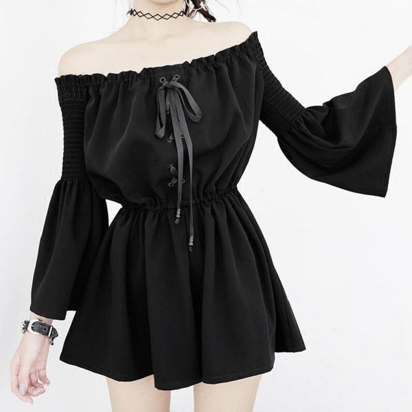 summer backless off shoulder black jumpsuit women elastic waist casual loose flare sleeve playsuits gothic fashion, Black;white
summer backless off shoulder black jumpsuit women elastic waist casual loose flare sleeve playsuits gothic fashion, Black;white