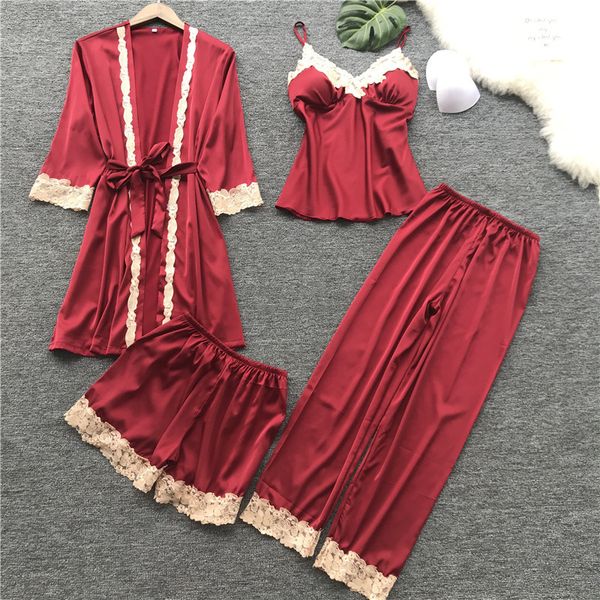 4 pieces women's pajamas sets fashion suspenders lace embroidary lingerie pijamas sets with nightdress + bathrobes high quality, Blue;gray 
4 pieces women's pajamas sets fashion suspenders lace embroidary lingerie pijamas sets with nightdress + bathrobes high quality, Blue;gray