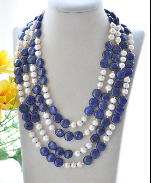 long 82" 12mm blue coin lapis lazuli & white round pearl necklace, Silver
long 82" 12mm blue coin lapis lazuli & white round pearl necklace, Silver