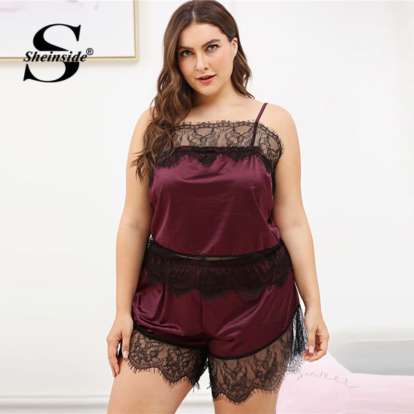 sheinside spaghetti strap burgundy plus size nightwear elegant contrast lace backless 2018 women cami pajama set, Black;red
sheinside spaghetti strap burgundy plus size nightwear elegant contrast lace backless 2018 women cami pajama set, Black;red