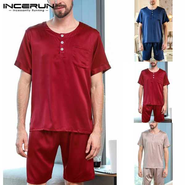 

incerun silk satin men pajamas set summer short sleeve sleepwear suit soft shorts homewear pyjamas set nightgown 2019 s-5xl, Black;brown