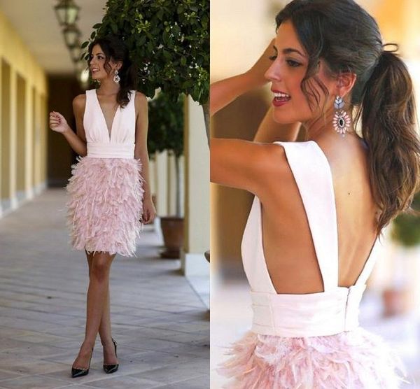 deep v-neck knee length cocktail dress feather skirt pink cocktail dresses v-neck backless short party dress, Black
deep v-neck knee length cocktail dress feather skirt pink cocktail dresses v-neck backless short party dress, Black