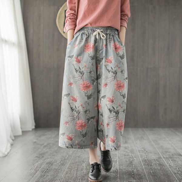 johnature 2019 casual floral cotton pockets loose wide leg demin jeans print ankle length drawstring spring women demin pants, Blue
johnature 2019 casual floral cotton pockets loose wide leg demin jeans print ankle length drawstring spring women demin pants, Blue