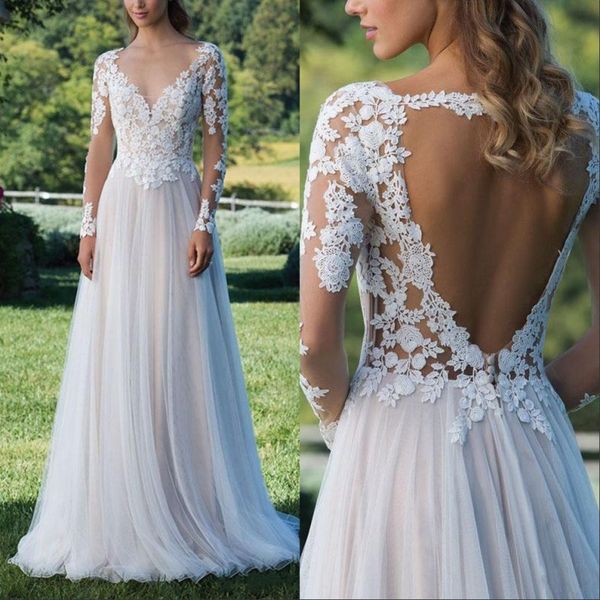 open back beach boho wedding dresses a line new illusion long sleeves lace applique floor length bridal gowns, White
open back beach boho wedding dresses a line new illusion long sleeves lace applique floor length bridal gowns, White