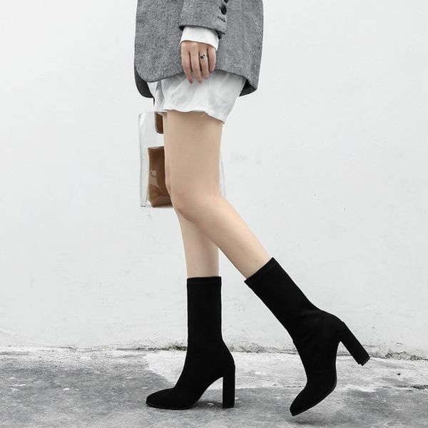 coarse with sharp boots woman black elastic force noodles high with single boots high women's shoes